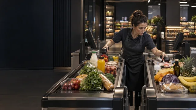 Жінка в чорному фартуху розкладає продукти на касовій стрічці супермаркету